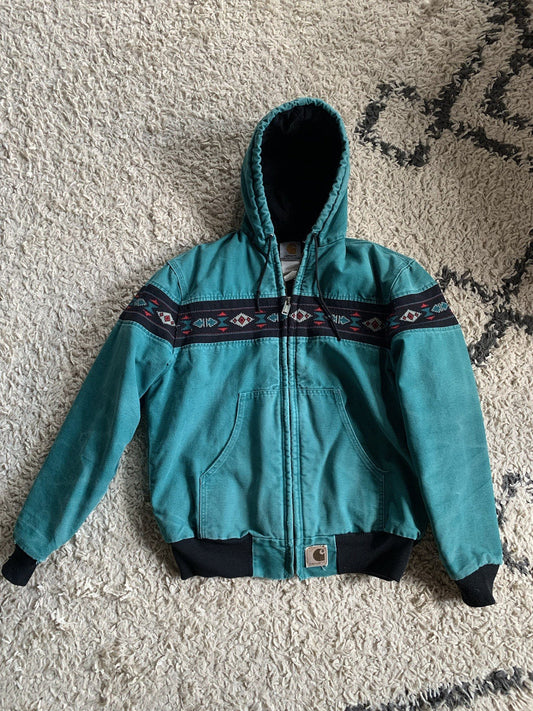 Vintage Carhartt Aztec Santa Fe Style Hooded Jacket Teal Aqua Medium J79 AQU