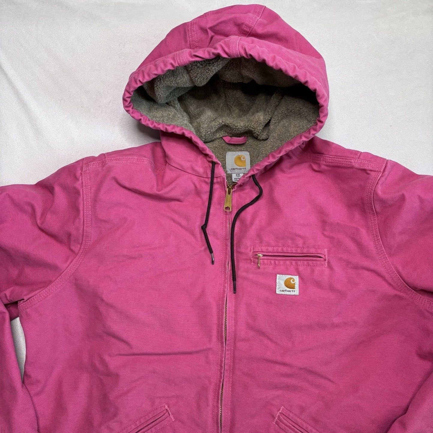 Vintage Carhartt Jacket XXL Pink WJ141 Duck Canvas Quilted Hooded Sherpa Lined