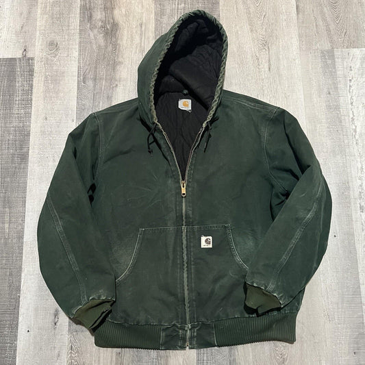 VTG Carhartt J68 Sun Faded Spruce Green Full Zip Hooded Fleece Lined Jacket XL