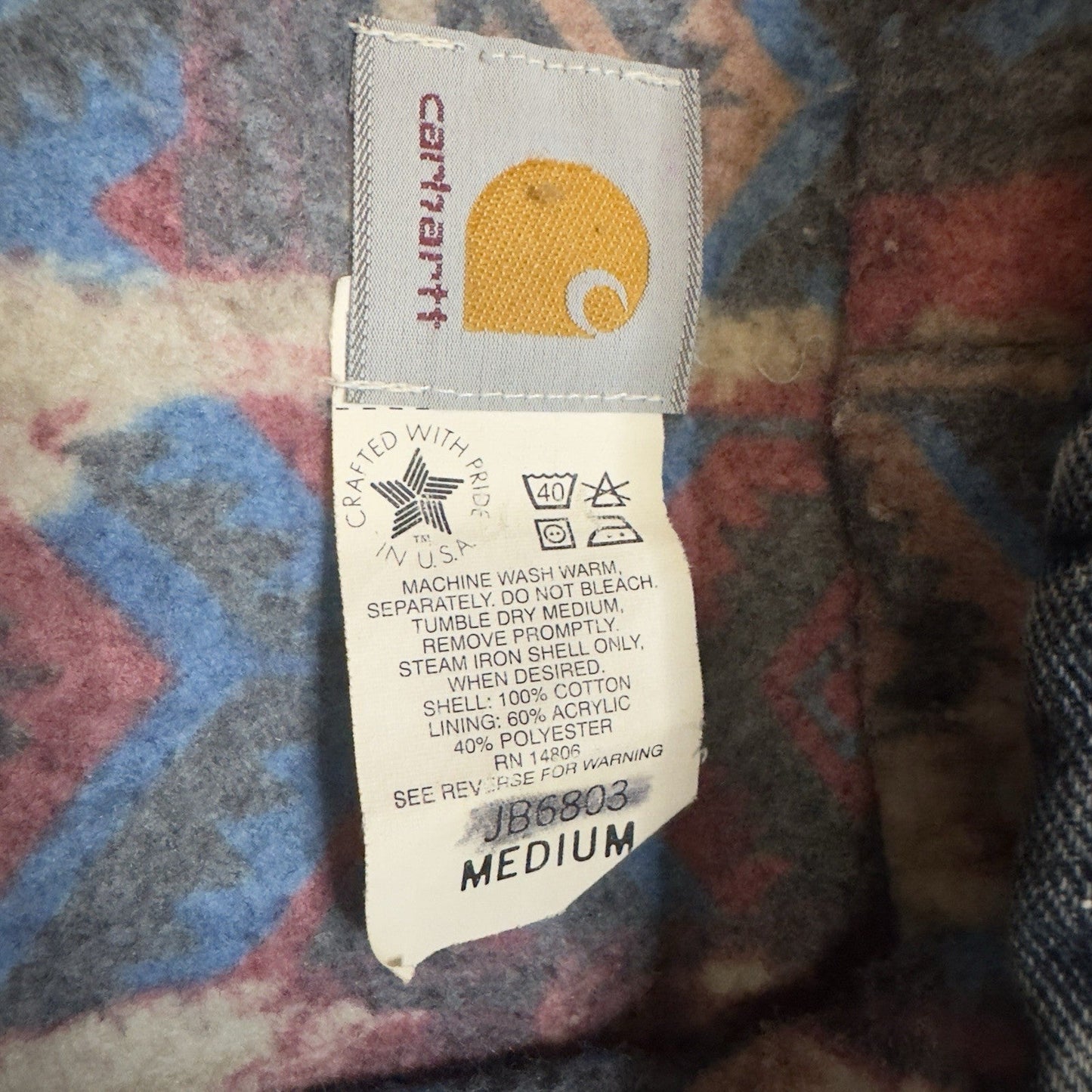 Vtg Carhartt Aztec Blanket Lined Denim Hooded Work Jacket Size Medium Workwear