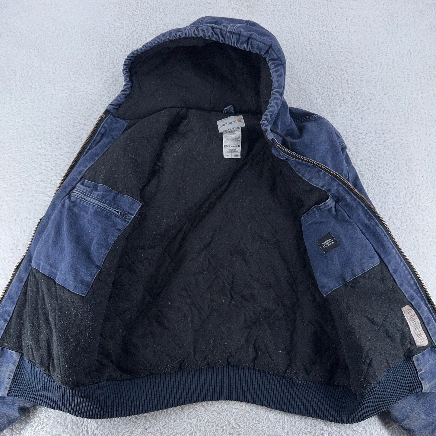 Carhartt Jacket Mens Large Blue Hooded Full Zip Workwear Faded Lined 376-20 duck