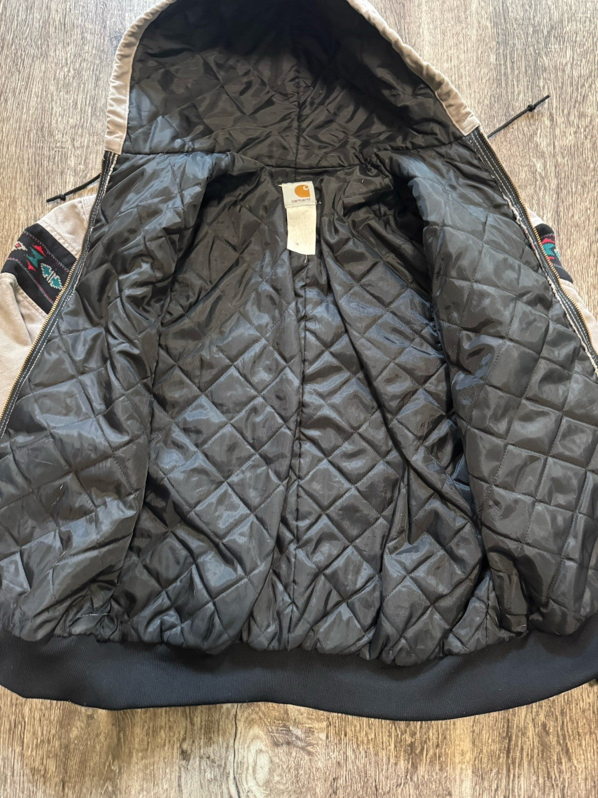 Vintage 90s Carhartt Aztec Full Zip Hooded Jacket Quilted Tribal Size X-Large