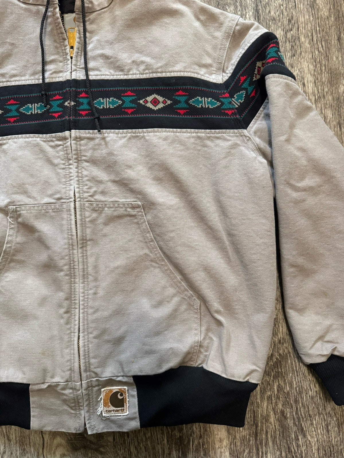 Vintage 90s Carhartt Aztec Full Zip Hooded Jacket Quilted Tribal Size X-Large