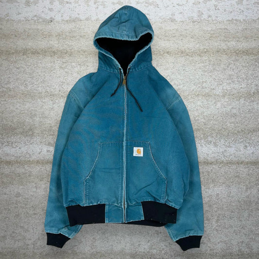 Vintage Carhartt Jacket L Teal Blue Cotton Canvas Mesh Lined Union Made in USA Hooded Full Zip 90s